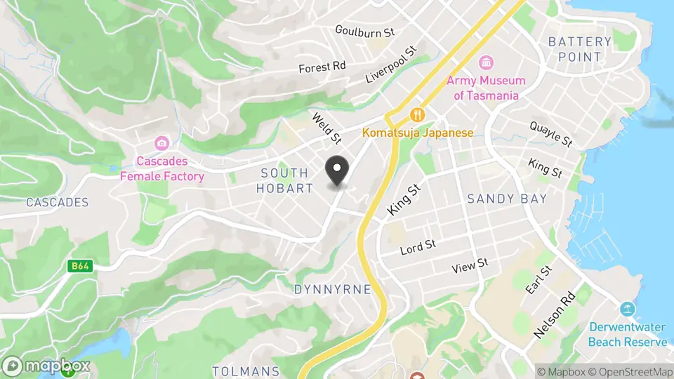 Map showing the location of Islington Hotel in South Hobart