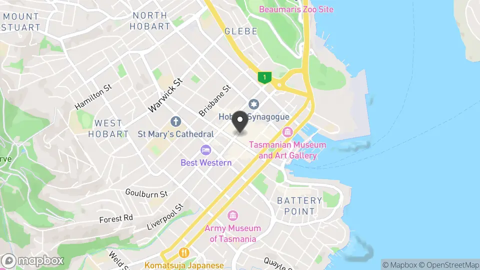Map showing the location of AURA Events Space in Hobart
