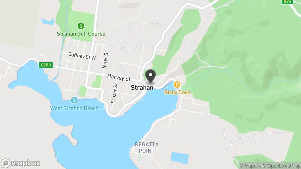 Map showing the location of Strahan Village in Strahan